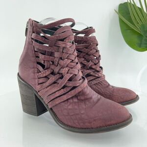 Free People Carrera Boots Women's 38  8 Red Leather Distressed Strappy Bootie